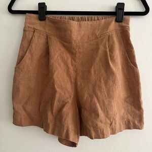 Whimsy + Row Tan Linen Pleated Shorts